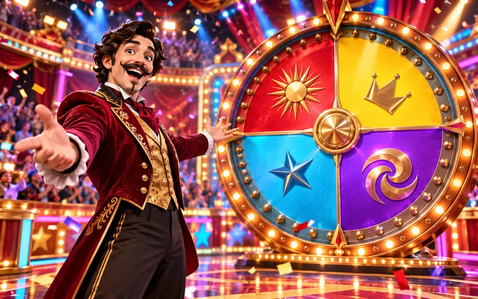 Concept art of an original carnival host beside a studio prize wheel
