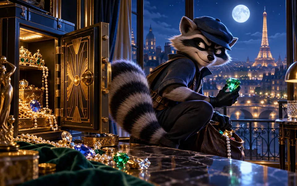 Concept art of an original raccoon jewel thief beside an open safe