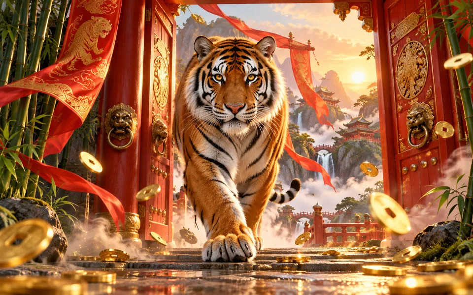 Concept art of a Bengal tiger walking through a red temple gate