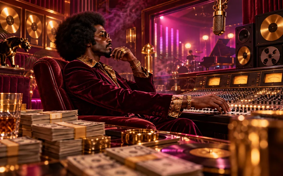 Original concept art of a 1970s music producer in a velvet studio